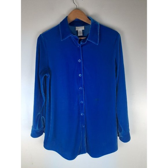 Soft Surroundings Blue Boyfriend Velvet Button Down Tunic Shirt Long Sleeve S - Picture 1 of 12